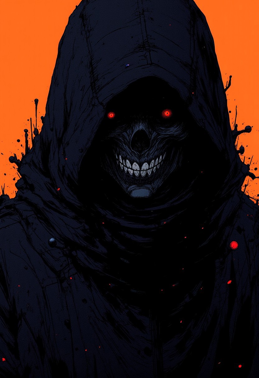 nistyle, monochrome Manga Sketch, extreme pointed hood Closeup, a dark ethereal ghosts black hood, Killing Gaze smile, eerie, Shrouded in darkness, Low Key luminous eyes, hyperdetailed manga sketch style, with bleached vibrant colorful neon color Highlights, grey, and white color grading.