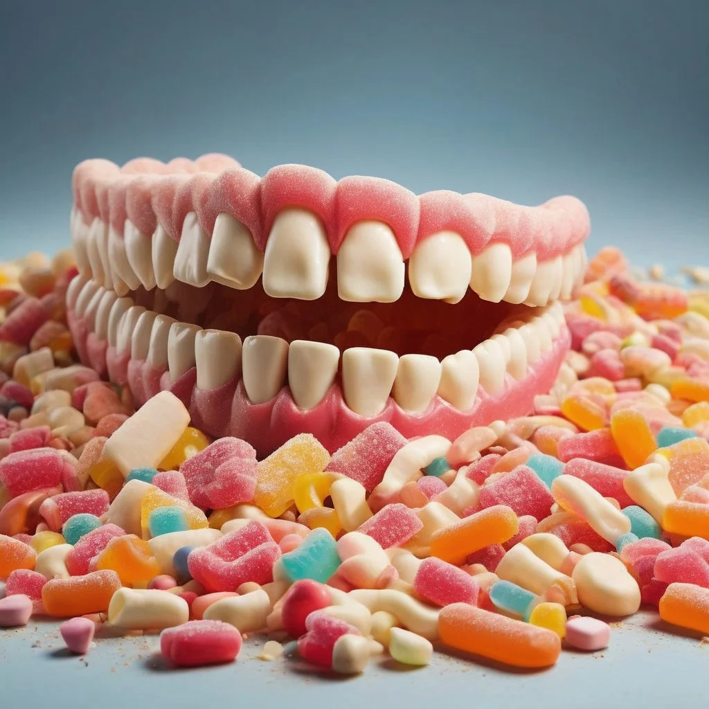 teeth, tooth decay of broken rotten teeth in soft-centred chewy translucent jawbone made of candy
