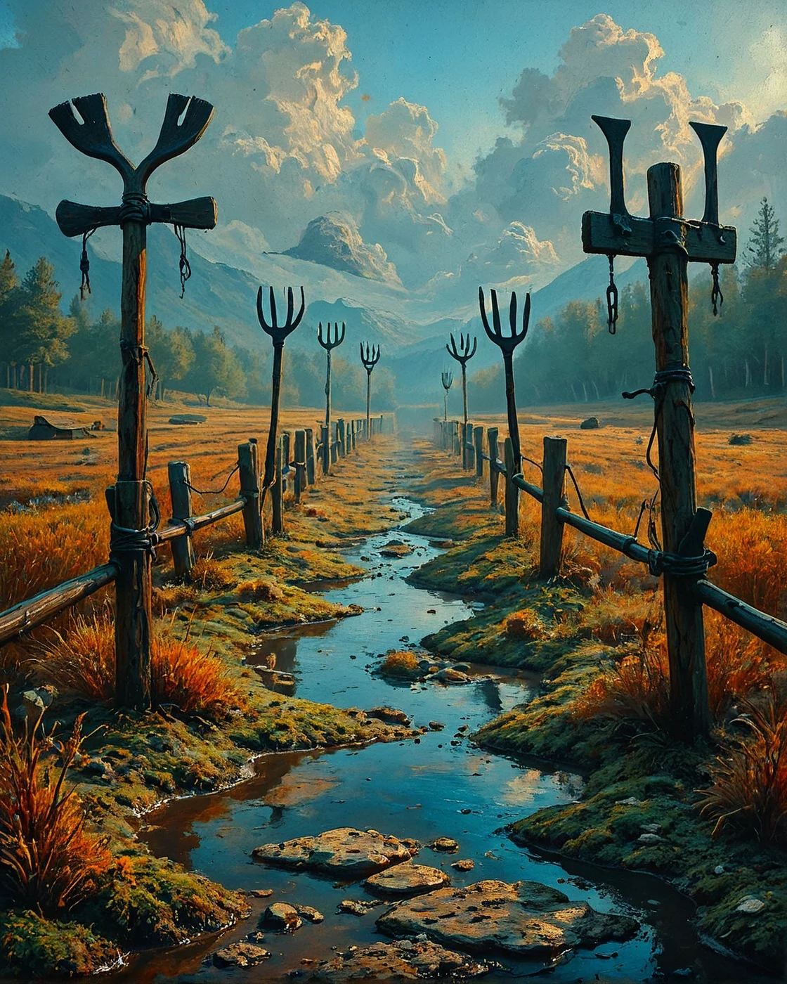 Surreal Landscape, Creator Landscape,
(style ofVasily Polenov (open-air realism)), Peat bog with stunted birch growth, lichen-encrusted fence posts, hayrick with wooden pitchfork,
<lora:ClassipeintXL2.1:0.397> oil painting,
<lora:extremely_detailed:0.804> extremely detailed,
<lora:add-detail-xl:0.358>,
<lora:dreamshaperXL10_lora:0.217>,
<lora:Flux-XL_Scenery: 0.919> flux-scenery,
detailxl,
advntr,