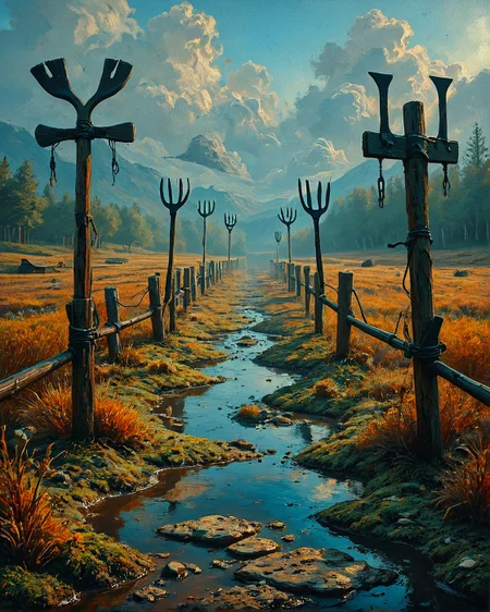 Surreal Landscape, Creator Landscape,
(style ofVasily Polenov (open-air realism)), Peat bog with stunted birch growth, lichen-encrusted fence posts, hayrick with wooden pitchfork,
<lora:ClassipeintXL2.1:0.397> oil painting,
<lora:extremely_detailed:0.804> extremely detailed,
<lora:add-detail-xl:0.358>,
<lora:dreamshaperXL10_lora:0.217>,
<lora:Flux-XL_Scenery: 0.919> flux-scenery,
detailxl,
advntr,