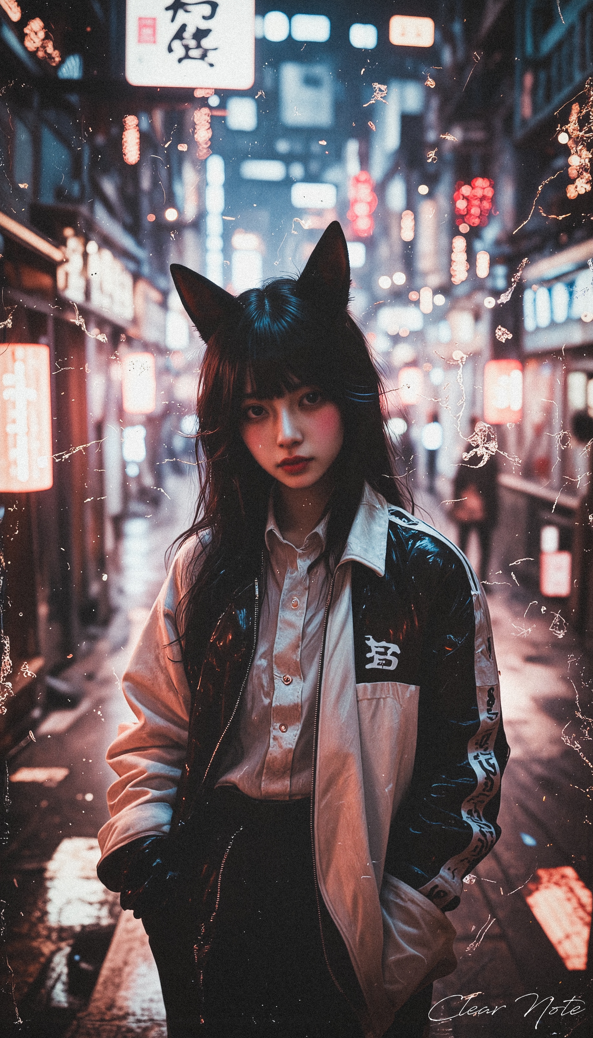 Neo Photorealistic Art Style, A Japanese girl with fox ears and flowing black hair wears a sleek windbreaker jacket. She radiates cutting-edge Neo-Japan futurism, set in a surreal, intricate futuristic background.