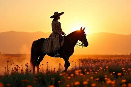 <lora:Mexican Noir Style-flux:1> mxnoirsty, black and white, dark, the Charra at Sunrise (Captured with a Vintage Rolleiflex, Soft Morning Glow for a Golden Effect)
A young charra rides her Andalusian horse through an endless field of wildflowers, her silhouette framed by the first light of dawn. She wears a wide-brimmed sombrero, a fitted embroidered jacket, and high-waisted riding pants that accentuate her poised elegance. The morning mist swirls around her horseâs hooves as she gazes toward the horizon, the wind catching the edges of her silk rebozo. Shot on a classic medium-format Rolleiflex, the soft focus captures the dreamlike beauty of the Mexican countryside waking up in golden hues.
