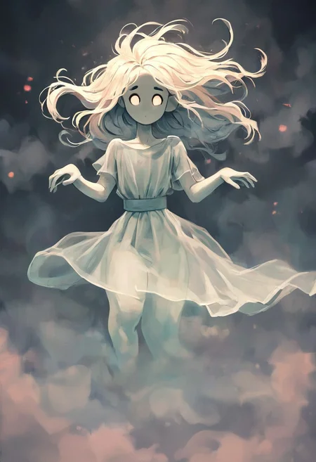 ncpy88 style <lora:ncpy88 style:1>, score_9, score_8_up, score_7_up, score_6_up, ghost boy, ghost, spirit, femboy, 1boy, feminine, cute, white skin, translucent skin, translucent hair, fog hair, floating, floating hair, mysterious mist, beautiful face, beautiful eyes, ghost eyes, fog clothes, closeup