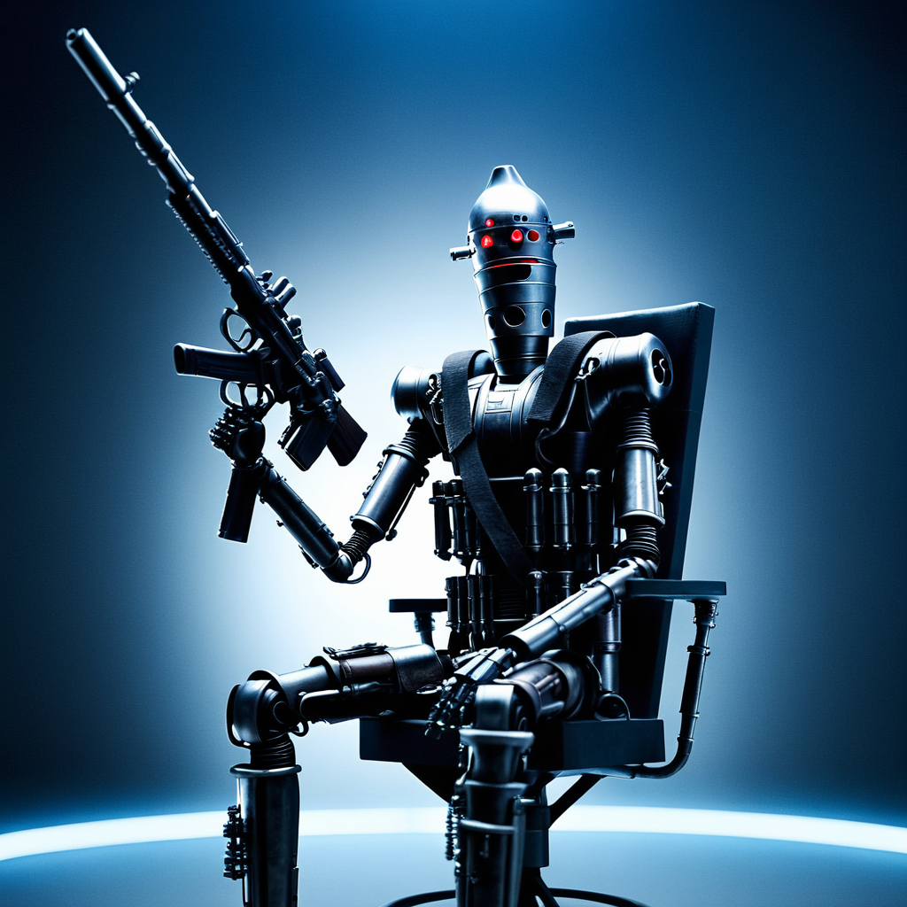 cinematic film still of  <lora:IG-88:1>
IG-88 droid a robot sitting on a chair with a gun In Star Wars Universe, solo, simple background, white background, holding, sitting, weapon, male focus, holding weapon, gun, no humans, chair, robot, holding gun, rifle, science fiction, humanoid robot
, shallow depth of field, vignette, highly detailed, high budget, bokeh, cinemascope, moody, epic, gorgeous, film grain, grainy