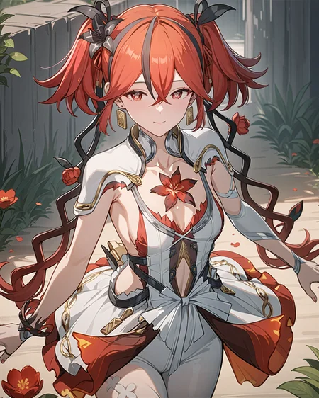 masterpiece,best quality,cowboy shot,
<lora:chun_mc_xl:0.8>,chun2,chun,1girl,solo,red eyes,red hair,twintails,hair between eyes,earrings,bangs,hair ornament,flower,mole,jewelry,shoulder armor,ribbon,