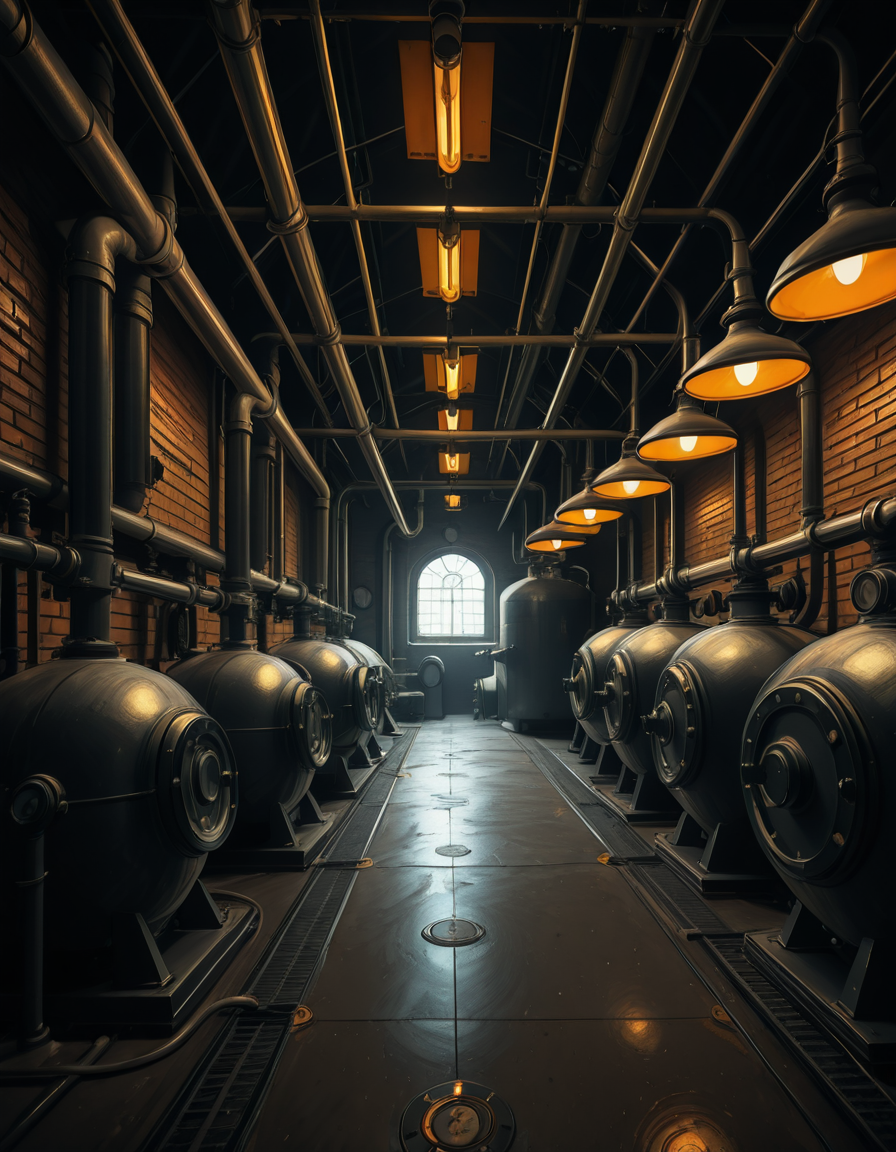 A highly detailed and realistic photograph of an industrial boiler room filled with large metal boilers, complex pipe systems, and pressure gauges. The room is dimly lit with a mix of warm yellow lighting from overhead industrial lamps and cool blue reflections from metallic surfaces. The air is slightly hazy with steam escaping from some of the pipes. The floor is made of reinforced concrete with visible stains from oil and water. Various control panels with blinking LED indicators and warning signs are mounted on the walls. The atmosphere is rugged and mechanical, evoking a sense of power and industrial efficiency. The depth of field is sharp, capturing intricate details such as rust on old pipes, the texture of the metal surfaces, and the labels on the control panels. The composition emphasizes symmetry, with pipes and machinery creating a structured, almost futuristic aesthetic.
<lora:SDXLFaeTastic2400:0.4> <lora:extremely_detailed:0.4> extremely detailed, <lora:industrial_boiler_room-i:1>,industrial b01l3r r00m, Masterpiece,best quality,hi res,8k,hi res,8k,award winning,(sharp focus, intricate, highly detailed),