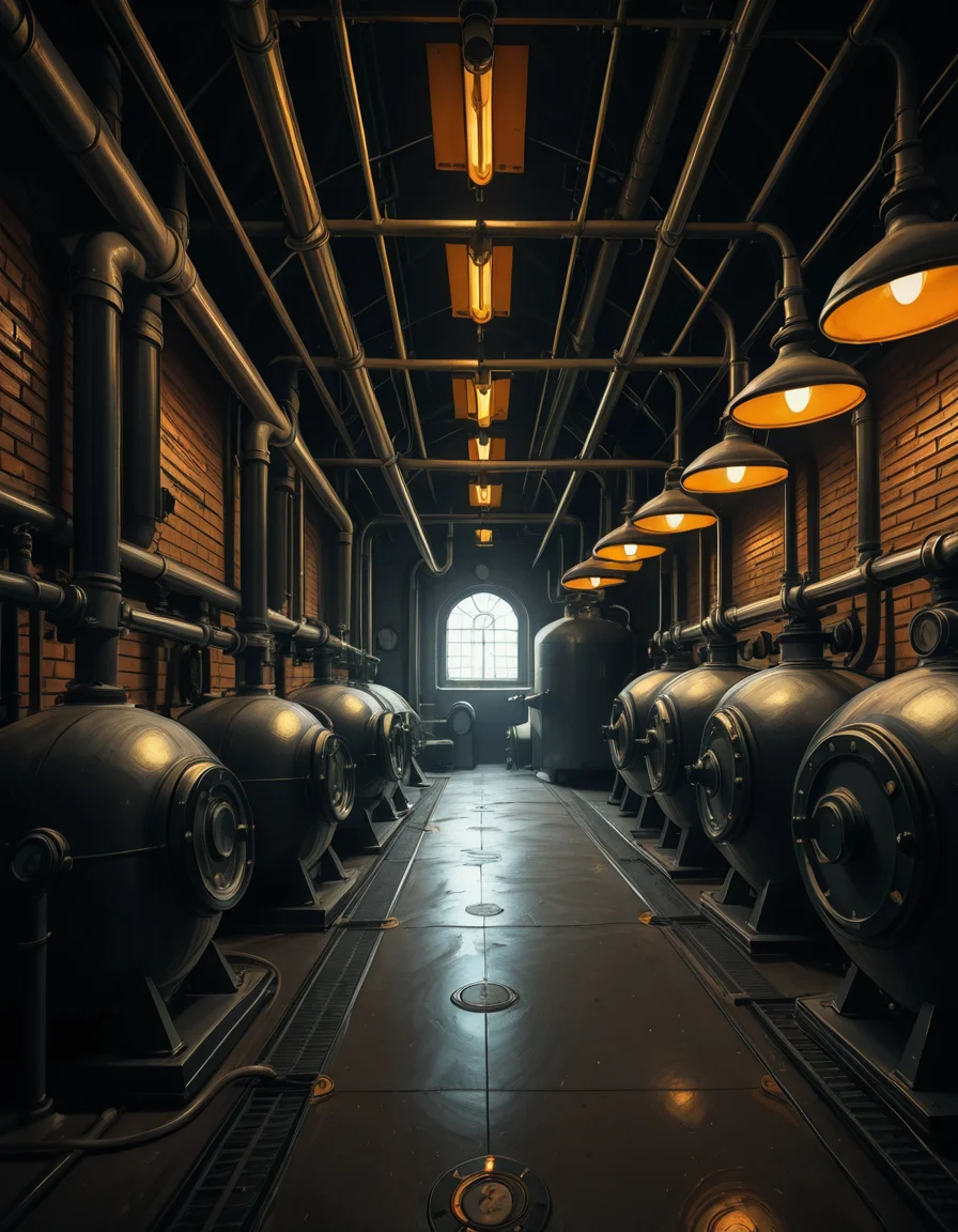 A highly detailed and realistic photograph of an industrial boiler room filled with large metal boilers, complex pipe systems, and pressure gauges. The room is dimly lit with a mix of warm yellow lighting from overhead industrial lamps and cool blue reflections from metallic surfaces. The air is slightly hazy with steam escaping from some of the pipes. The floor is made of reinforced concrete with visible stains from oil and water. Various control panels with blinking LED indicators and warning signs are mounted on the walls. The atmosphere is rugged and mechanical, evoking a sense of power and industrial efficiency. The depth of field is sharp, capturing intricate details such as rust on old pipes, the texture of the metal surfaces, and the labels on the control panels. The composition emphasizes symmetry, with pipes and machinery creating a structured, almost futuristic aesthetic.
<lora:SDXLFaeTastic2400:0.4> <lora:extremely_detailed:0.4> extremely detailed, <lora:industrial_boiler_room-i:1>,industrial b01l3r r00m, Masterpiece,best quality,hi res,8k,hi res,8k,award winning,(sharp focus, intricate, highly detailed),