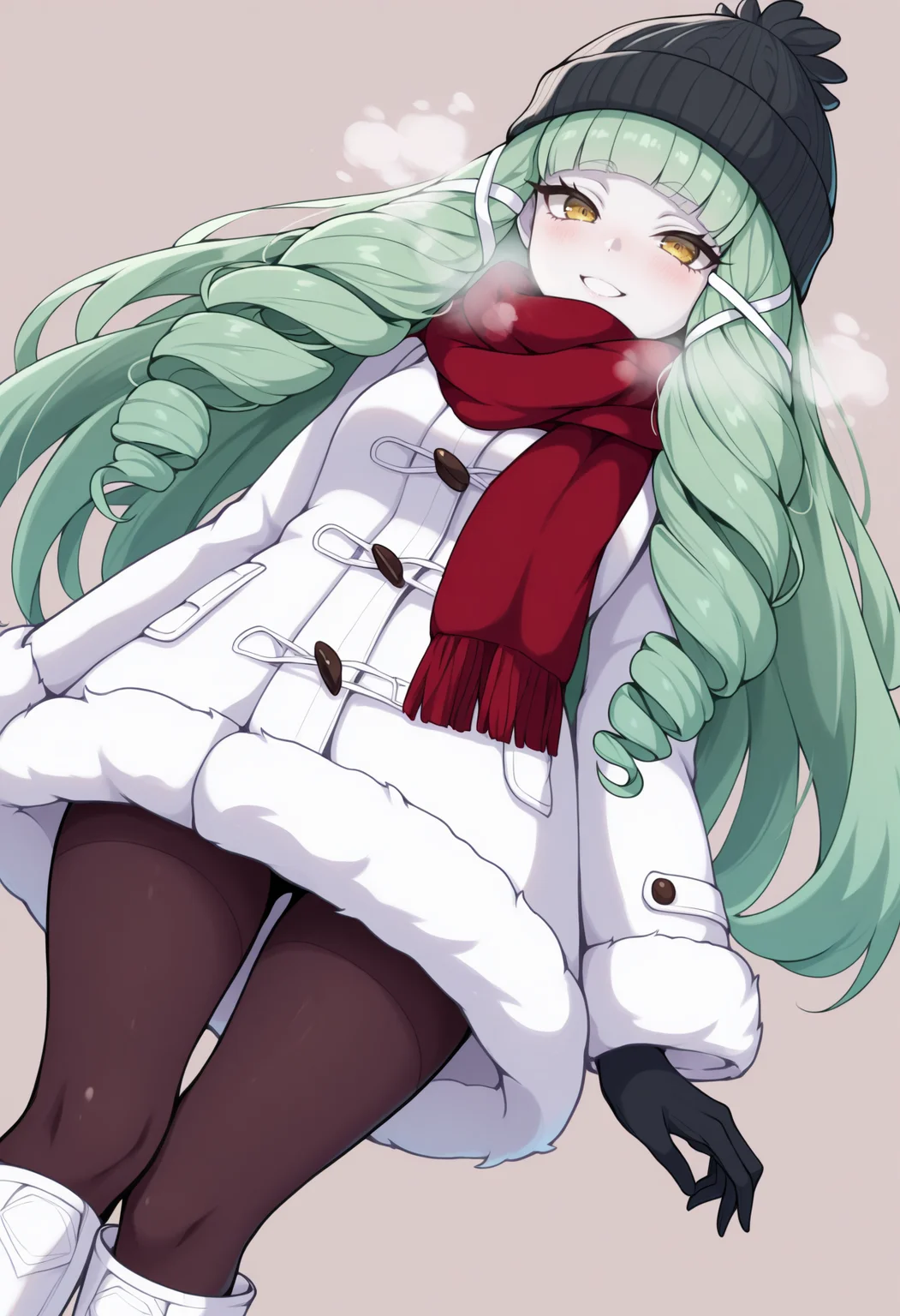 masterpiece, best quality, 1girl, solo, Emeraude, yellow eyes, green hair, long hair, drill sidelocks, white tress ribbon, beanie, scarf, winter clothes, winter coat, fur coat, fur trim, gloves, pantyhose, knee boots, dutch angle, blush, heavy breathing, smile, looking at viewer, simple background, <lora:ChamEmeraudeNoob:1>