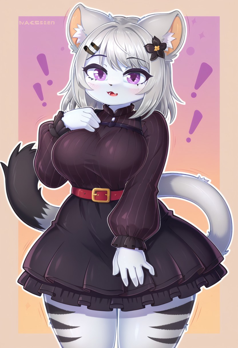 Furry, 1 girl, solo, (wide hips), big breasts, light gray fur, purple eyes, catgirl, medium hair, straight hair, animal ears, (half open mouth:0.8), standing, simple background, black dress, red belt, focus on breast, black skirt, long sleeves, (black flower) hairclip ornament, striped fur, loose dress