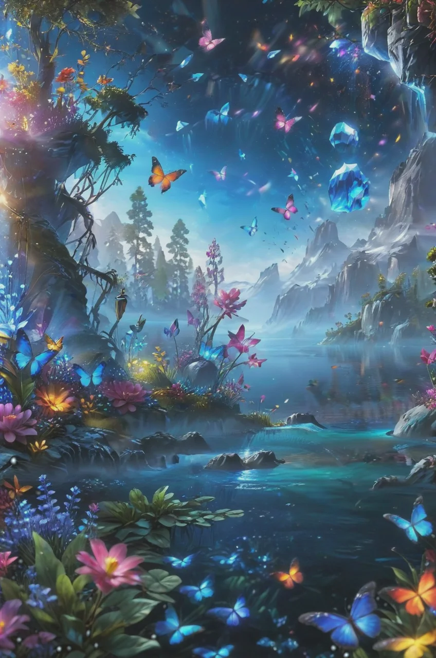 ultra realistic highly very detailed fantasy meadow, trees, grass, very realistic highly very detailed sea of colorful flowers ultra very realistic extremely highly detailed (crystal clear lake:1.6),sharp focus, ultra realistic extremely detailed (colorful butterflies:0.9), ultra realistic extremely very detailed (scenery:1.2), ultra-detailed, (by exquisite colors block),masterpiece,best quality,unreal engine 5 rendering, movie light,movie lens,movie special effects,detailed details,HDR,UHD,32K,CG wallpaper,intricate details (colorful particles:0.8) (colorful flowers:1.4), cinematic angle, magical look, fantasy setting, soft ray of light, glitter background, <lora:add-detail-xl:2.4> , cinematic light, digital painting, hyper realistic, photo realistic, high quality textures, vivid colors, <lora:NightScapes_XL:1> NightScapes<lora:sdxl_lightning_8step_lora:1>