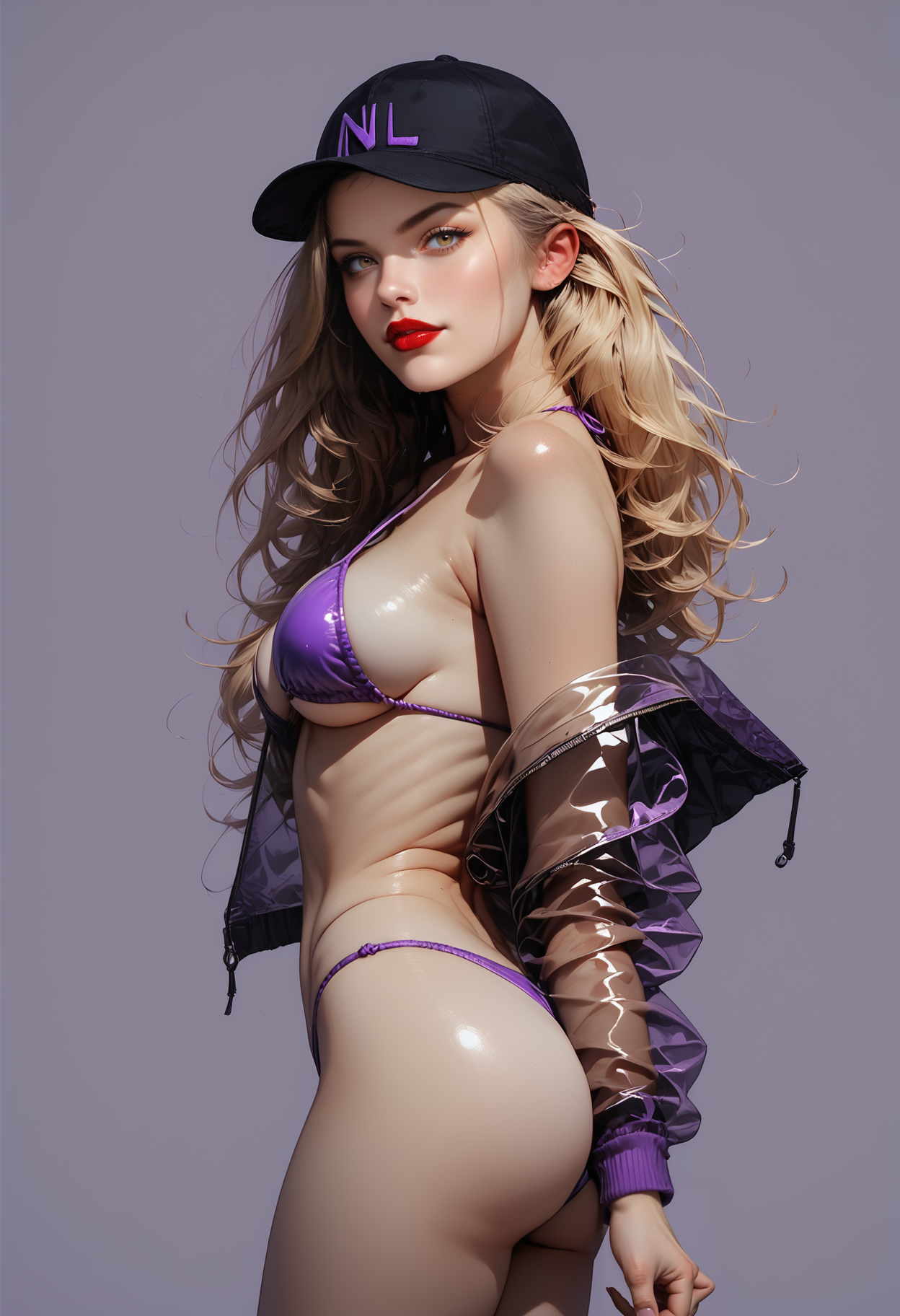photo, realistic, score_9, score_8_up, score_7_up, score_7, score_6_up, score_5_up, full body portrait, a woman, blonde hair, black cap, (wearing reij-ndrbbjckt bikini <lora:underboobjacket-000004:1>, black transparent jacket ), empty room, lush breasts, (simple purple background:1.2), posing, dynamic, matt colors, , ,  dolleij01py <lora:Dolleij01PY-000003:0.5>, beautiful woman portrayed in her naturalness:sensual,noble,pure and self-confident, joyful,sporty, dynamic angle, back side view, (leaning backward:1.2), hazel eyes, prefect round ass