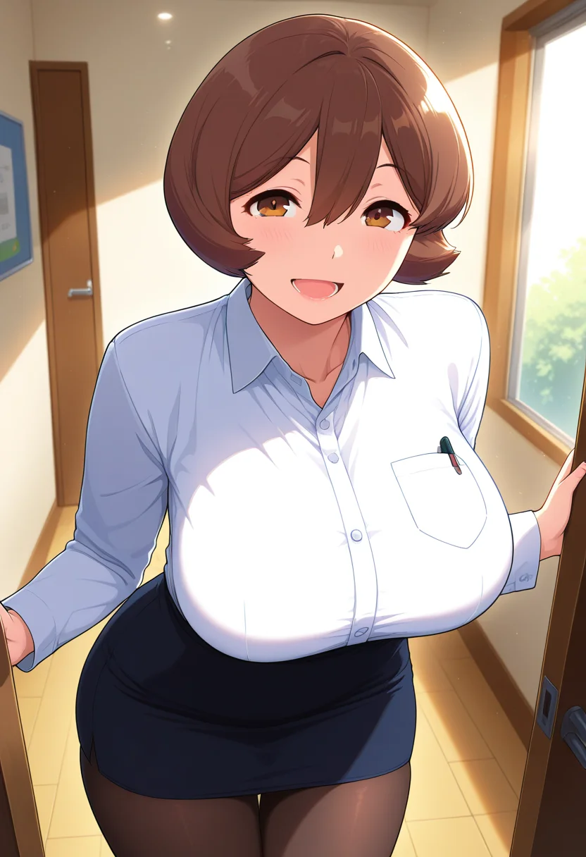 masterpiece, best quality, amazing quality, 1girl, solo, cowboy shot, toyookaww, mature female, brown eyes, brown hair, medium hair, hair between eyes, huge breasts, collared shirt, long sleeves, breast pocket, pencil skirt, pantyhose, looking at viewer, smile, open mouth, indoors, day, skindentation, detailed clothing folds, depth of field, sharp, high contrast, dynamic light <lora:Toyooka-Sensei_Kanente-san_to_ill_v11:0.9>