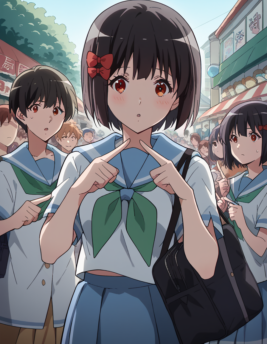 score_9, score_8_up, score_7_up, source_anime, <lora:kanade-hisaishi-movie-ponyxl-lora-nochekaiser:1>, kanade hisaishi, short hair, bangs, black hair, red eyes, bow, hair bow, red bow, medium breasts,, skirt, shirt, school uniform, white shirt, short sleeves, pleated skirt, serafuku, sailor collar, blue skirt, neckerchief, blue sailor collar, school bag, green neckerchief, kitauji high school uniform,, street market, vendor, street food, bustling crowd, local flavor, vibrant, , <lora:x-fingers-ponyxl-lora-nochekaiser:1>, x fingers, blush, parted lips,, looking at viewer, solo,, dutch angle, cowboy shot