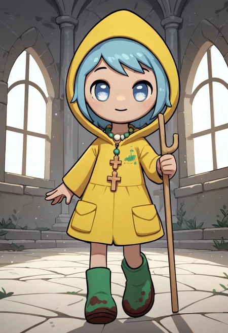 (score_9 | score_8_up | score_7_up)
((masterpiece:1))(best quality,very high quality,ultra detailed:1.2)
(2D)(Smooth:2)(clean blurring)
(four fingers on each hand,one thumb on each hand:1)
(detailed hands:1)(realistic eyes:1)
(solo,alone,one character)(anatomically correct)
(detailed face and eyes:1)(precise face and eyes:1)
|
(front view,full body view)
(indoors,churth,stone floor,window,sunlight,natural lighting)
(Standing on floor)(looking at viewer,extended legs)
(happy,closed mouth:1)
|
(luce)(light-skin female)(petite body,skinny,thin)
(short light blue hair)(big blue eyes:1)(fully clothed)
(flat chest,thin arms,skinny waist,narrow waist,skinny thighs,skinny legs)
(yellow hooded cloak)(yellow trench coat jacket:1)(cross beads necklace)(shorts,green boots)(holding yellow staff:1)