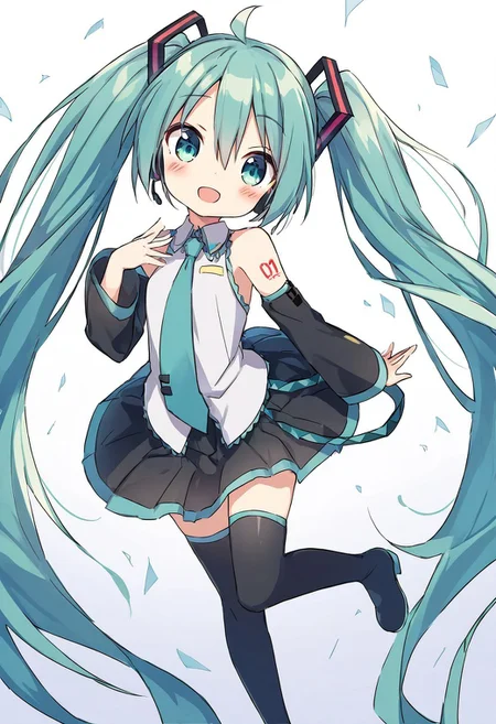 score_4,score_5,score_6,score_7_up,score_8_up,score_9 ((masterpiece,best quality,ultra detailed,highres,HD,4k:1.2)), 
chibi,full body,deformed,((| |:1.1)),
 1 girl,solo,face focus, 
hatsune miku,absurdly long hair,aqua hair,twintails,hair ornament,sidelocks,hair between eyes,parted bangs,aqua eyes,
white shirt,collared shirt,bare shoulders,sleeveless shirt,aqua necktie,detached sleeves,black sleeves,shoulder tattoo,fringe,black thighhighs,miniskirt,pleated skirt,zettai ryouiki,thigh boots,
happy,smile,open mouth,blush,