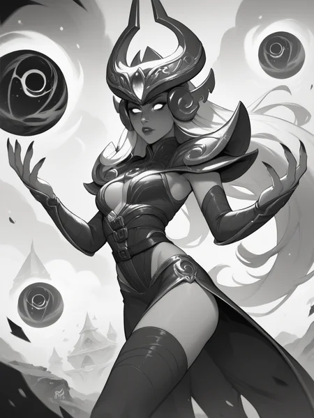 score_9, score_8_up, score_7_up, SyndraNormal, 1woman, solo, witch_outfit, crown, bare_feets, long_stocking, dark_sphere, monochrome, pop of colors, extremely detailed, paranoid, mood <lora:SyndraNormal:1>