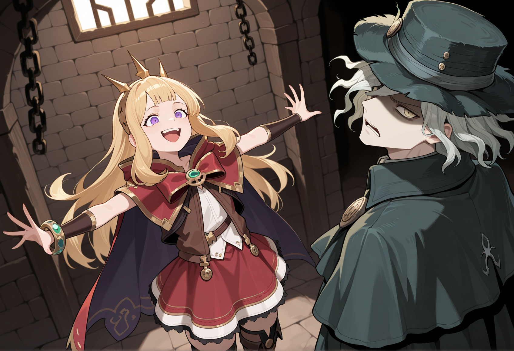 1girl, 1boy, indoors, maniatical laughter, open mouth, facing up, outstretched arms, evil laugh, 1girl, solo, long hair, blonde hair, purple eyes, spiked hair ornament, white shrirt, brown vest, chest ribbon, brooch, wristband, bracelet, red cape, red skirt, brown thighhighs, evil smile, upper teeth only, <lora:Cagliostro_illus:1> looking at viewer, dungeon, darkness
BREAK
1girl, 1boy, indoors, maniatical laughter, open mouth, facing up, outstretched arms, evil laugh, 1boy, edmond dantes \(fate\), looking at viewer, dungeon, darkness, disgust, shaded face1>, masterpiece, best quality, amazing quality, very aesthetic, absurdres, highres, newest
