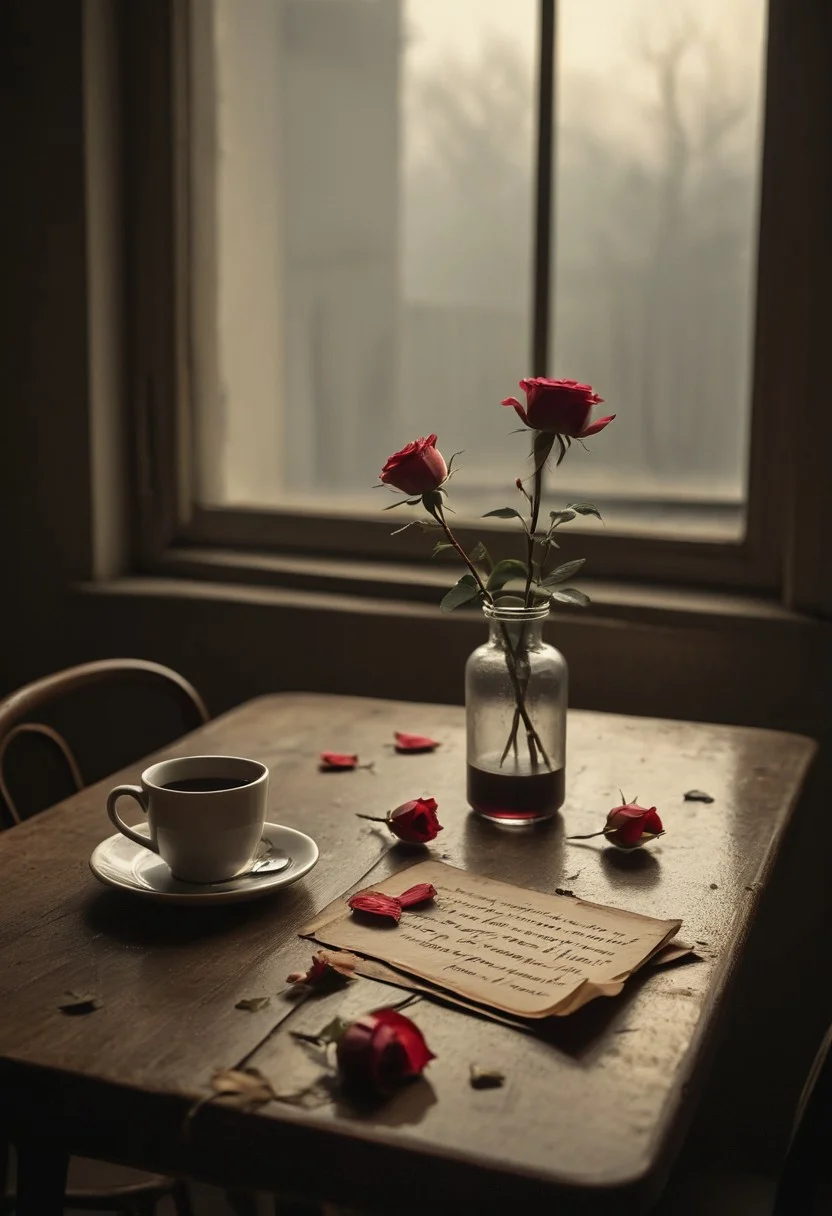 Vintage,
An empty café table, two untouched cups of coffee gone cold, wilted rose in a vase. A soft glow from the street outside casts elongated shadows, whispering the remnants of a love that once was.
solitude, love lost, moody atmosphere, deep shadows, melancholic tones, dimly lit,wistful gaze, scattered love letters, faded memories, wilted rose, cinematic lighting, emotional depth, poignant symbolism, sorrowful beauty, heartbreak, chiaroscuro lighting, misty background,