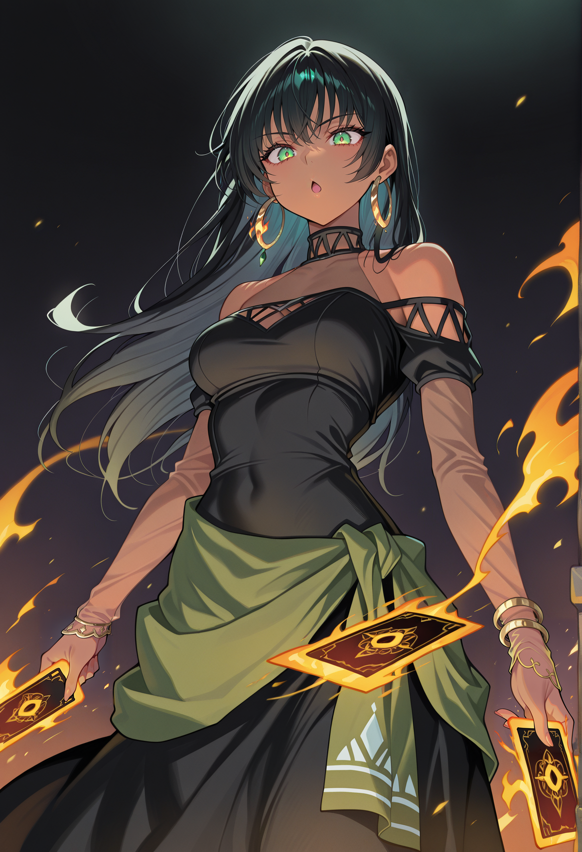 1girl, dark skin, long hair, black hair, green eyes, hoop earrings, jewelry, black dress, see-through sleeves, bare shoulders, green saron, holding tarot cards, flaming cards, serious, chestnut mouth, <lora:rina_illus:0.7>, masterpiece, best quality, amazing quality, very aesthetic, absurdres, highres, newest