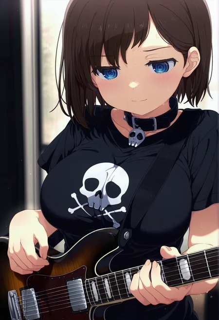 masterpiece, best quality,  absurdres, highres, cinematic light, 1girl, <lora:ichikawa_kana:1> kana_wz, short hair, brown hair, blue eyes, ringed eyes,  large breasts, black shirt, skull print, holding guitar, electric guitar, indoors, black theme, playing instrument, sweat, light blush, light smile, collar, ogipote