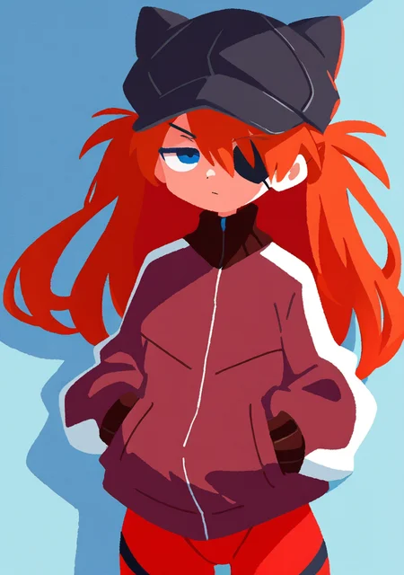 masterpiece, best quality, very aesthetic BREAK no lineart, 1girl, solo, hat, long hair, hands in pockets, jacket, (eyepatch), half-closed eyes, souryuu asuka langley, animal hat, plugsuit, looking at viewer, red hair, blue eyes
<lora:noob05-shunsuke-unet only-feb25v4-step00002464:1>