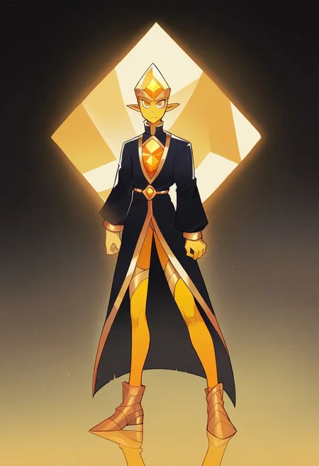 score_9, score_8_up, score_7_up, score_6_up, st3v3n, source_cartoon, solo, full body, a yellow male human with a single yellow gem embedded in their leg, wearing yellow robes, yellow body, yellow skin, orange eyes, yellow robes, ((orange leg gem)), yellow humanoid, yellow theme, flat chest, shiny, dynamic reflection, dark background,