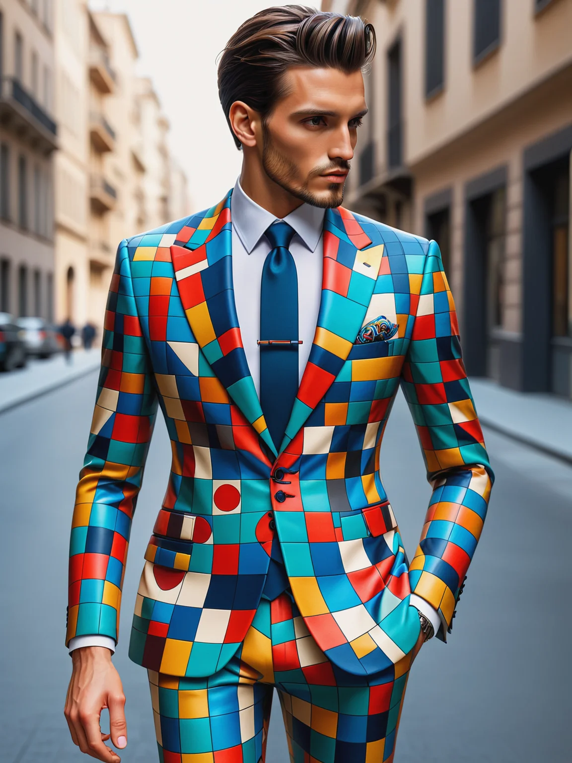 man wearing a mad_colorful_mosaic suit, city <lora:Colorful_Mosaic_SDXL:0.6>, (masterpiece:1.2), best quality