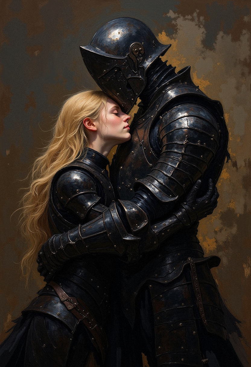 A close-up of two figures in dark, medieval-style armor, locked in an intimate embrace. The main figure, a tall and muscular knight, wears a full suit of black plate armor with intricate details and sharp, angular edges. His helmet is completely closed, obscuring his face, and his body is slightly leaning forward as he holds the second figure tightly. The second figure is a woman in matching black armor, with long, flowing golden hair cascading down her back. Her face is partially visible, pressed against the knight"s chest, her eyes closed. Their armor reflects minimal light, highlighting the texture of the metal. The lighting is soft and subdued, creating a moody and emotional atmosphere. The background is a muted, abstract blend of dark browns and grays, drawing full attention to the figures.  <lora:FLUX-daubrez-DB4RZ:0.93> DB4RZ, DB4RZ style painting,  <lora:aidmaImageUpgrader-FLUX-V0.1:0.33> detailmaximizer,