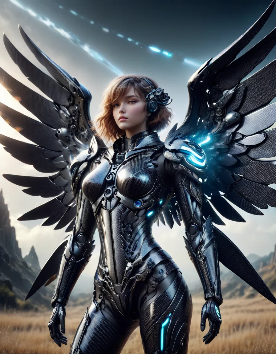 (best quality, masterpiece, colorful, dynamic angle, highest detailed)upper body photo, full body photo, fashion photography of cute mechangel, glowing 4 wings, solo, glowing armor, glowing halo, building, glowing mechanical 4 wings (intricate details, hyperdetailed:1.15), detailed, light passing through hair, (official art, extreme detailed, highest detailed), made of ral-carbonfiber <lora:ral-carbonfiber:1> ral-carbonfiber landscape