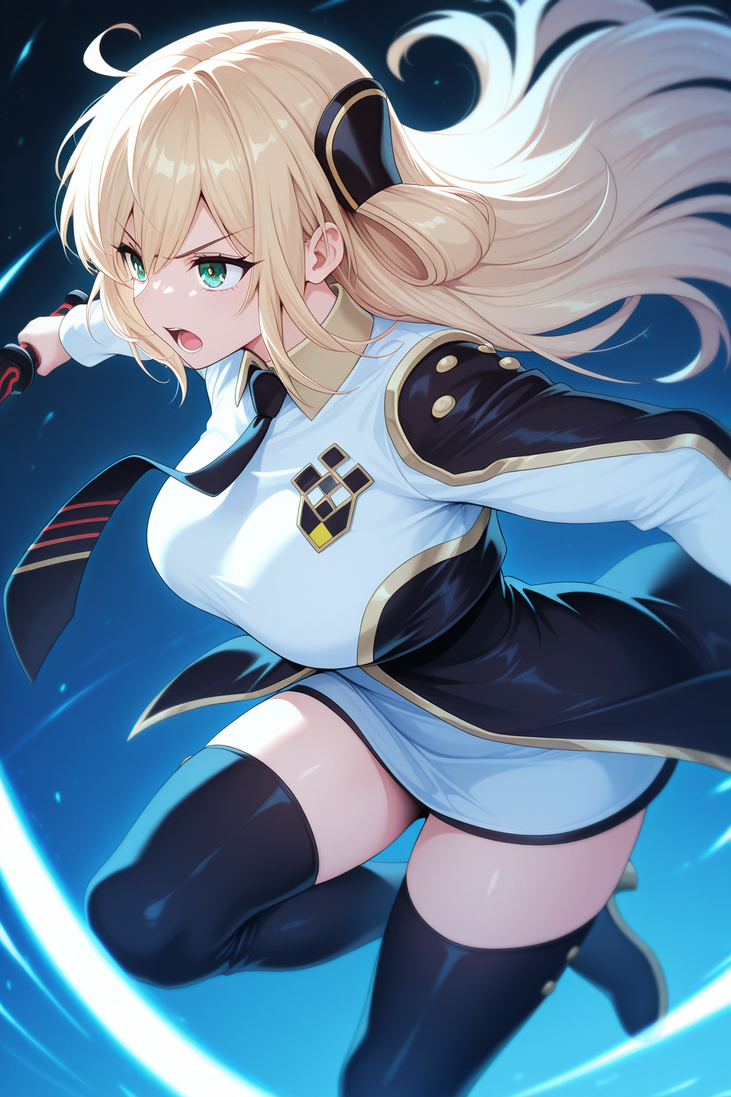 1girl, SkyStrikerAce-RayeYu-Gi-Oh, 
general, solo, perspective, upper body, from side,
long hair, blonde hair, green eyes, eyelashes,
breasts,
hair ornament, black necktie,
collared dress, two-tone dress, short dress,
long sleeves,
black thighhighs, thigh boots, 
serious, open mouth, holding sword, slashing,
depth of field,
blue theme,
<lora:kp_SkyStrikerAce-RayeYu-Gi-OhIllustrious_v1_0:1.0>,
masterpiece, best quality, amazing quality