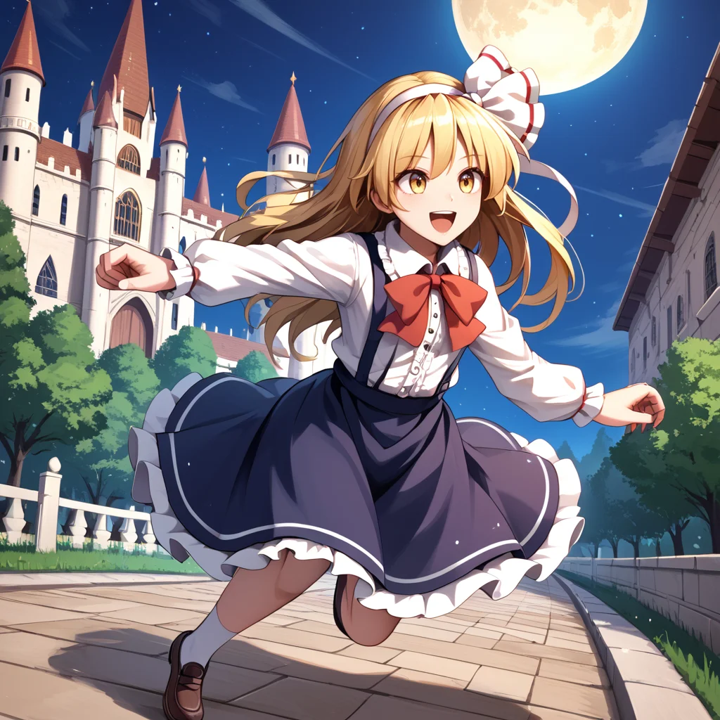score_9_up, score_8_up, score_7_up, BREAK source_anime, (masterpiece), (best quality), 1girl, kurumi (touhou), long hair, blonde hair, bow, shirt, skirt, black suspenders, white hair band, long sleeves, yellow eyes, (ultra detailed), shine, full body, T-pose, running, night, castle, running, opened mouth, happy, <lora:kurumi(touhou)-V1:1>