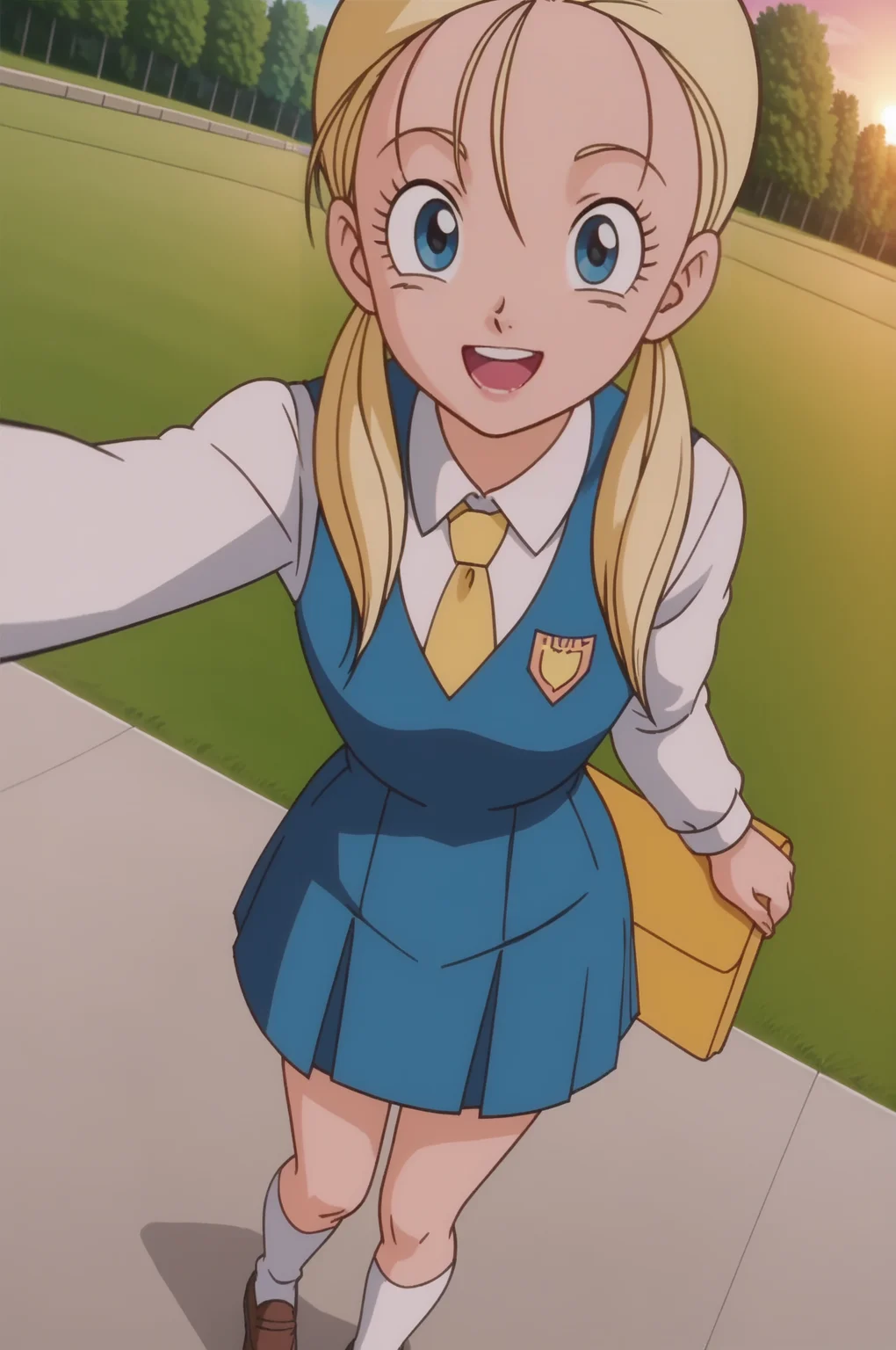 source_anime, score_9, score_8_up, score_7_up, anime screencap, absurdres, official style, 
marron, 1girl, solo, long hair, looking at viewer, smile, open mouth, blue eyes, blonde hair, twintails, school uniform, collared shirt, long sleeves, white shirt, blue vest, vest over shirt, blue skirt, socks, white legwear, selfie, yellow necktie, outdoors, pavement, pond, tree, sunset, dutch angle, eyelashes, day
 <lora:marron_pony_v2:0.7>