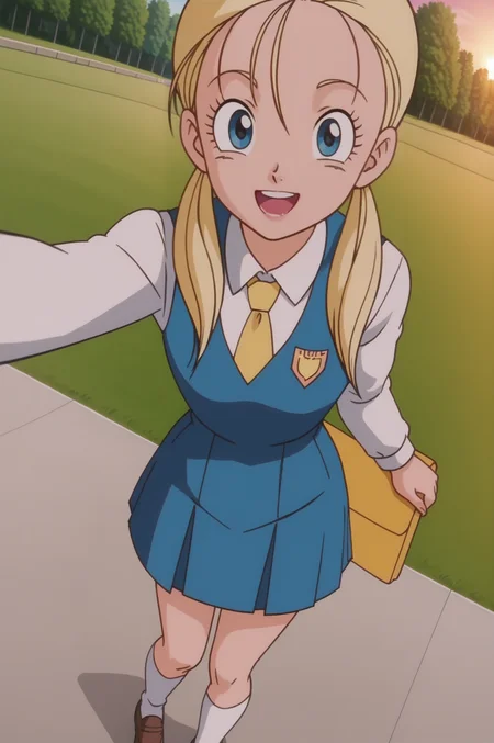 source_anime, score_9, score_8_up, score_7_up, anime screencap, absurdres, official style,
marron, 1girl, solo, long hair, looking at viewer, smile, open mouth, blue eyes, blonde hair, twintails, school uniform, collared shirt, long sleeves, white shirt, blue vest, vest over shirt, blue skirt, socks, white legwear, selfie, yellow necktie, outdoors, pavement, pond, tree, sunset, dutch angle, eyelashes, day
<lora:marron_pony_v2:0.7>