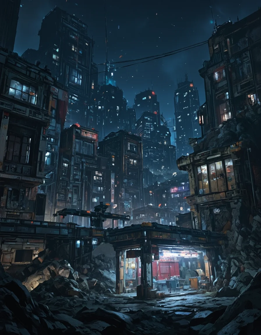 <lora:SWL_Stations1v2flux:1> lostst1, station, night sky, rocks, buildings, cyberpunk, cityscape