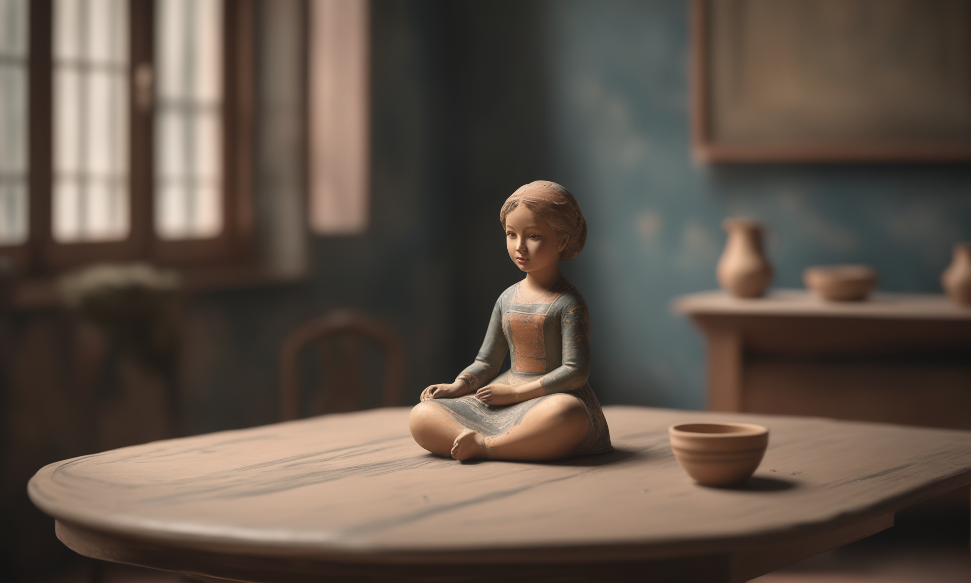 <lora:paintedpotterycd_xl-000004:0.6>,a painted pottery girl toy sitting on the table top,painted pottery skin,paintedpotterycd_xl,miniature,tilt-shift,pretty face,beautiful face,female focus,indoors,no humans,front view,facing viewer,looking at viewer,(Unbelievable Digital Artwork:1.3),CGSociety,ArtStation,master works, 8K, HDR, UHD, masterpiece, best quality, highly detailed, high resolution, finely detail, extremely detailed, ultra detailed, wallpaper