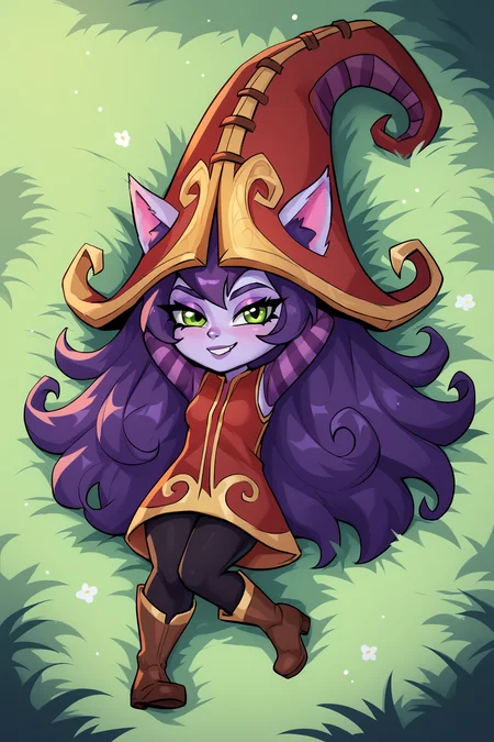 score_9, score_8_up, score_7_up, score_6_up, BREAK, LuluLoLXLv2, purple skin, colored skin, shortstack, yordle, green eyes, purple hair, long hair, sidelocks, bangs, animal ears, witch hat, ears through headwear, small breasts, red dress, purple striped sleeves, black pants, brown boots, solo, full body, lying on grass, arms behind head, looking at viewer, seductive smile, forest <lora:LuluLoLXLv2:1>