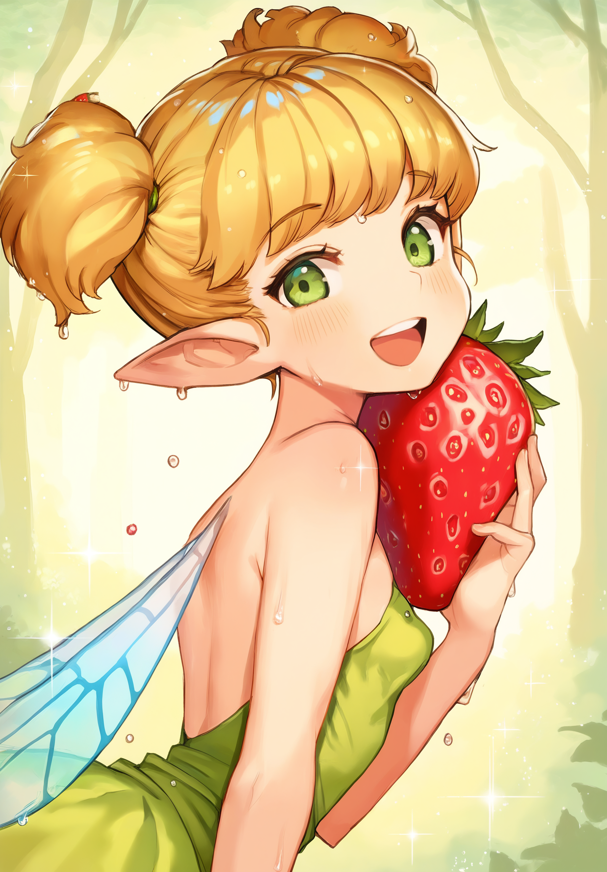 masterpiece,absurdres,best quality,high quality,<lora:Vanillaware XLV3 Vpred Noob:1>,1girl,portrait,from side,close-up,fairy,fairy wings,blonde hair,short twintails,puffy hair,bangs,green dress,small breasts,hugging strawberry,looking at viewer,happy,sparkle,wet,forest,blurry background,