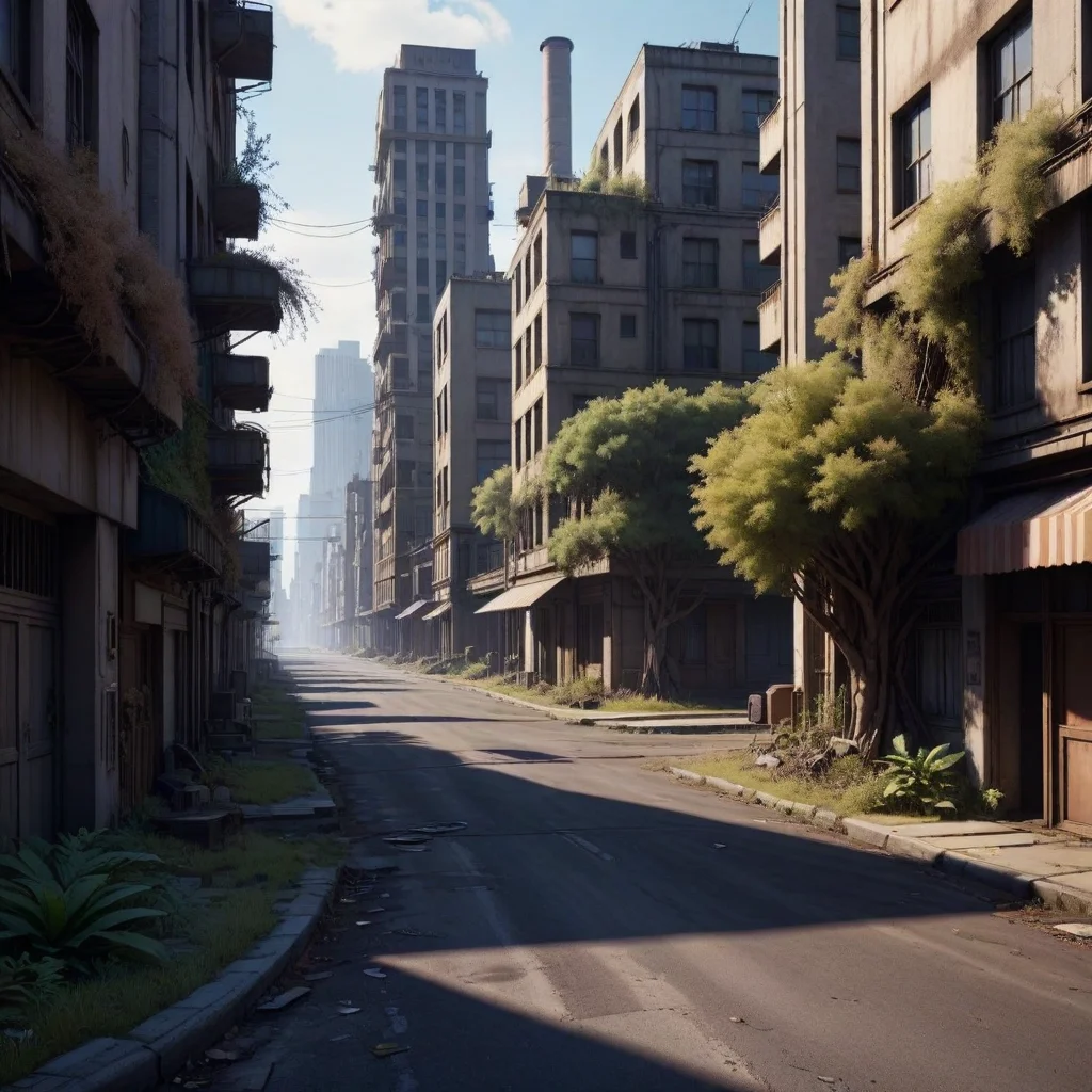 a abandoned pristine clean dieselpunk city overrun with withered plants, otomo, curved main street, detailed, high resolution, photorealistic, realistic lighting, render, 8k, <lora:LCM_LoRA_Weights:0.8>