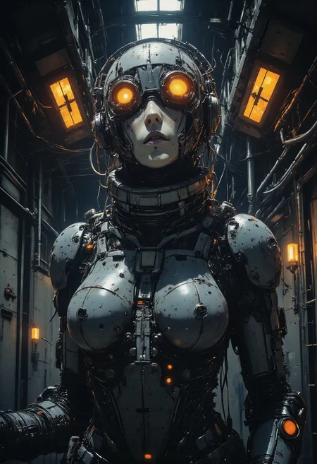 CyberpunkHorrorAnime, a femlae wired-cyborg with a pale, ghostly complexion, her piercing blue eyes glowing faintly against the surrounding shadows. Her expression is cold and unyielding, as if forged by a dystopian world. She is clad in a futuristic, high-tech exosuit, now tarnished and battle-worn, composed of a dark, gunmetal material with an eerie, grid-like texture. The suit’s high collar and intricate, mechanical details emit dim, translucent orange glows, like dying embers in the dark.
The most captivating feature is her intricate mechanical headpiece, a chaotic network of wires, circuits, and alien components that pulse faintly with orange highlights. The translucent materials in the headpiece reflect the sparse light, giving it an ethereal, haunted quality. Alien symbols and cryptic markings are etched across her face, their meaning obscured but ominous.
The background is a dystopian industrial wasteland, cloaked in shadows and broken only by sporadic, flickering orange lights. Metallic walls are streaked with grime, and rows of failing light panels cast jagged patterns across the scene. The air is thick with a sense of decay and despair, the cool palette of steel and deep blues punctuated by the unsettling, translucent orange glow that hints at the remnants of life in a dying world.