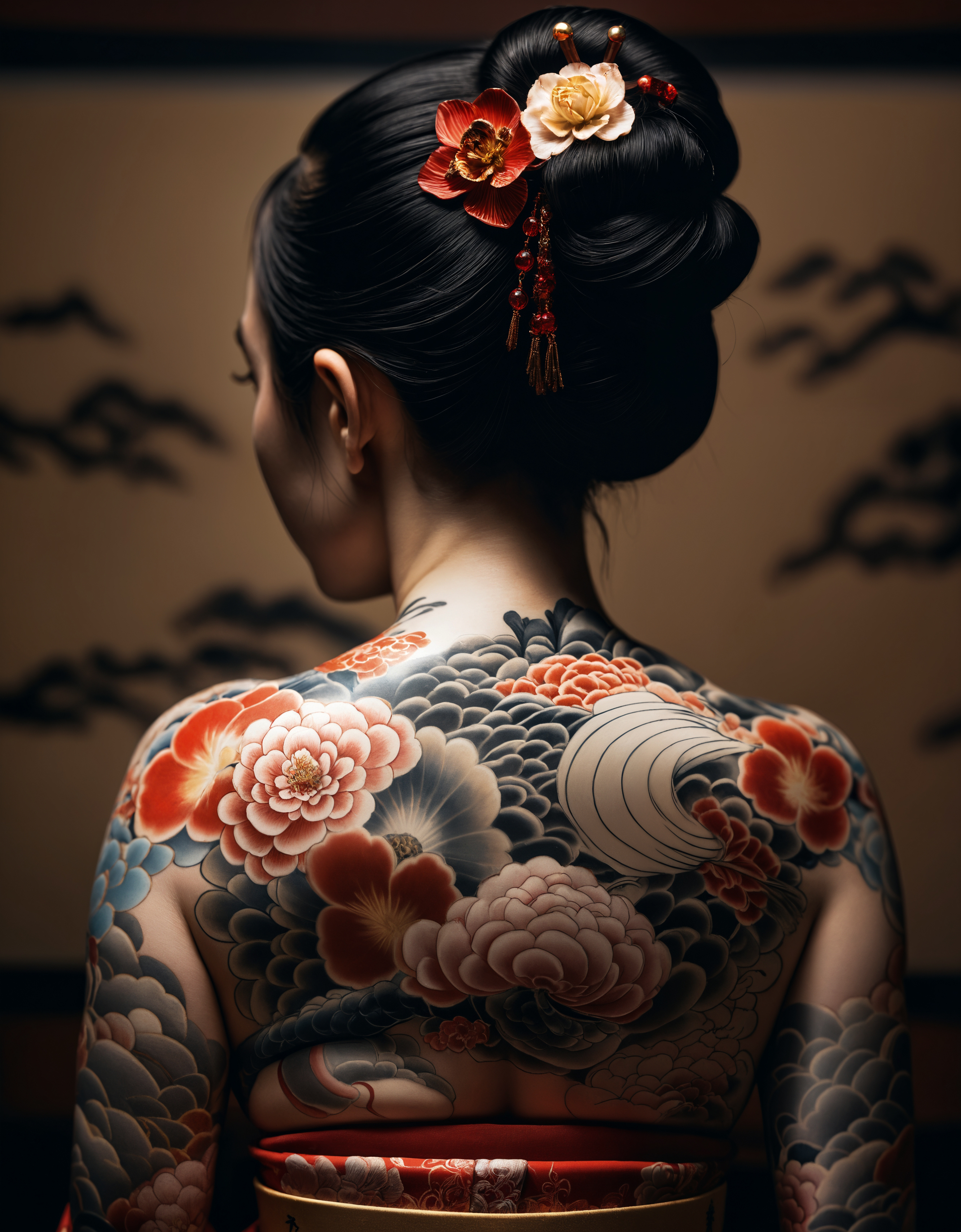 Close-up of intricate detailed design of full body painted Japanese geisha woman wearing only a skirt, graceful body (exquisite Japanese porcelain pattern all over body and background), full body tattoo and background seem to merge into one another, bright colors with focus on red gold and black, back view, lit in the dark, Japanese Wareshinobu style updo, detailed hair, Japanese woman, close-up, extremely detailed, masterpiece, award winning