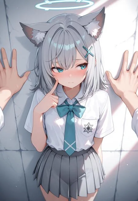 0010011_illu, masterpiece, best quality, very aesthetic, 1girl, shiroko sunaookami, small breasts, animal ears, blue eyes, grey hair, hair ornament, hairpin, halo, medium hair, pleated skirt, white shirt, school uniform, facing viewer, slight blush, looking away, finger to cheek, embarrassed, povkabedon, 1girl, solo focus,