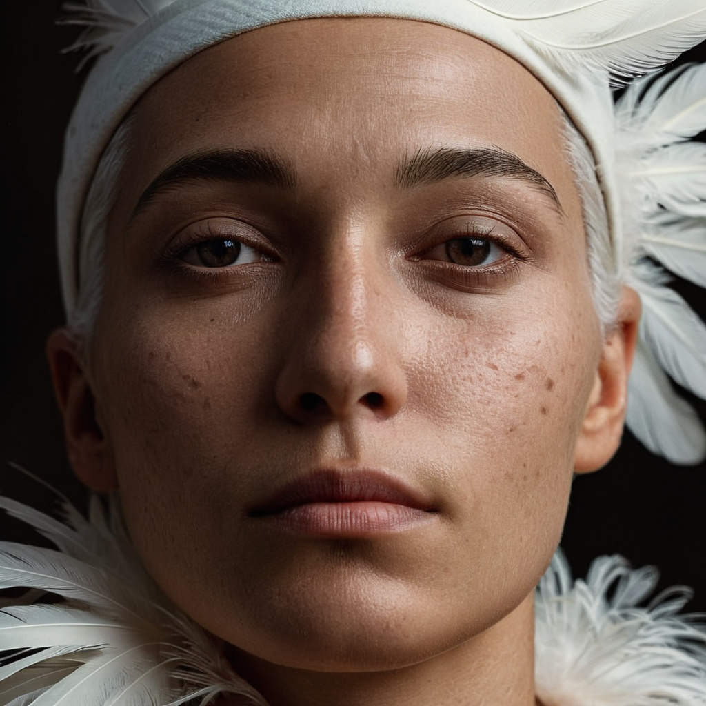 cinematic film still of <lora:detailed_notrigger:0.1>
<lora:TeethXL:0.1>
<lora:SDXLHighDetail_v5:0.1> perfect hands
 <lora:skin texture style v3:0.9>
A cinematic skin texture style still image of a woman with a white face and a white feather on her head, detailed wrinkles, skin tags, perfect skin tone color, stretch marks, hyperrealism, realism, unrealengine, realistic, detailed skin pore, film still, still photography style, sharp style, detailed style, perfect style, perfection style, Kodak film skin color tone style, fujifilm skin tone color style, professional photography style, skin textured, skin texture style, perfect face, perfect mouth, perfect nose, perfect lips, perfect eyes, perfect ears, perfect skin, perfect skin pores, perfect body, perfect hair, very detailed skin pores, perfect skin texture style, solo, looking at viewer, 1boy, brown eyes, closed mouth, male focus, portrait, split theme, hat, white hair, dark skin, lips, close-up, mole, facial mark, dark-skinned male, forehead mark, light black woma
, shallow depth of field, vignette, highly detailed, high budget, bokeh, cinemascope, moody, epic, gorgeous, film grain, grainy