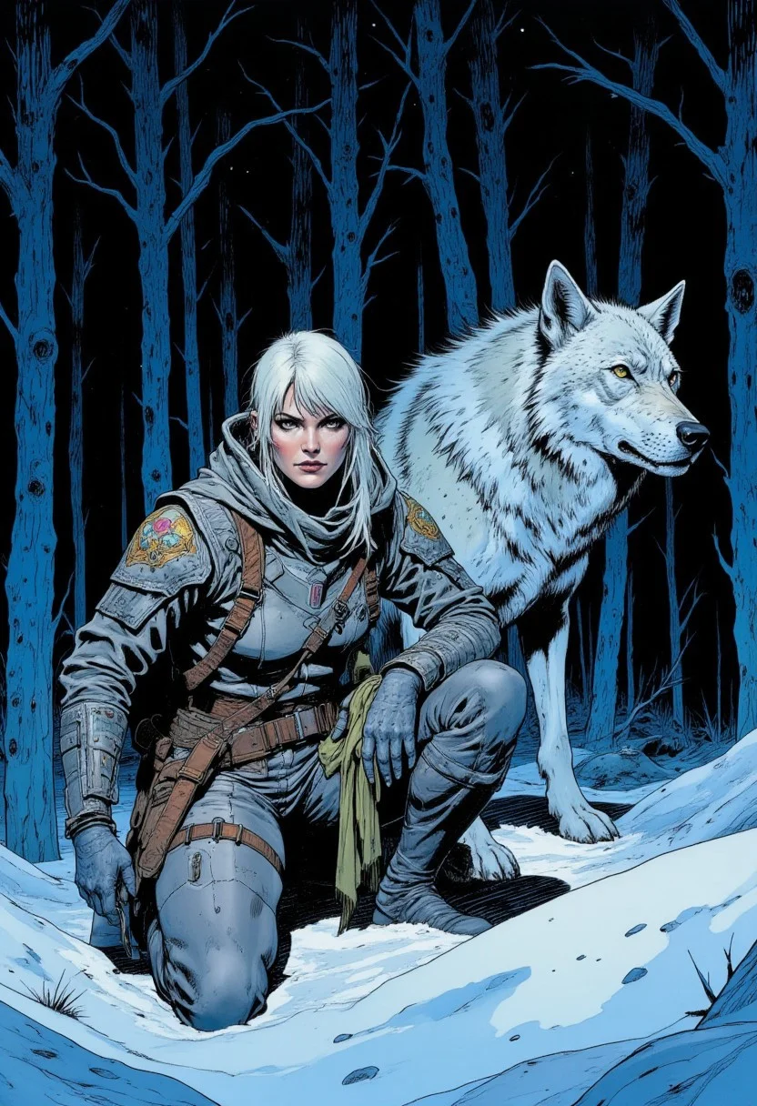 A dynamic comic book style scene featuring a (beautiful female warrior:1.4) and her loyal (white wolf:1.4) in a dark, snowy forest at dusk. The scene is lit by an eerie (dim blue light:1.3) from above, casting shadows across the snow and creating an (atmosphere of solitude:1.2). The female warrior crouches, her intense, battle-hardened expression partially (shadowed by her hood:1.2). She wears a (light power armor:1.2) with multiple pouches strapped across her chest, waist, and legs, layers of worn fabric and padding visible. The wolf stands (alert:1.5), ears perked, eyes focused on the forest, adding vigilance to the desolate setting. Around them, tall (snow-covered trees:1.3) blend into the night, and the cold blue light highlights their forms against the dark surroundings.