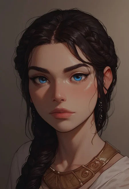 (score_9, score_8_up, score_7_up). ( line work, excellent drawing, highest quality, extremely detailed:1.2). 1woman, Greek Goddess Hera, perfect face, beautiful blue eyes, long lashes, dark hair, princess braid, glossy lips, ancient greek dress, g0thicPXL, romantic, cinematic lighting, volumetric lighting, motion effects, source_cartoon