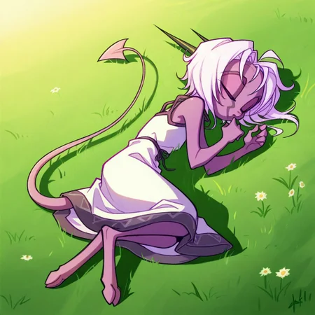 score_9, score_8_up, score_7_up,namah_calah,
1girl,solo,furry,tail, source_furry,horns,
,<lora:namah_calah_illustrious:0.8>,
masterpiece, child, kid,
grass, laying, sleeping, summer, outside, messy hair, white summer dress,
