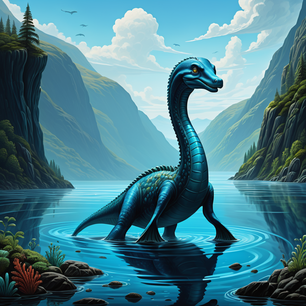 hyper detailed masterpiece, dynamic, awesome quality,nessie, cute blue cryptid iconic elusive plesiosaur like creature, loch ness, large long necked aquatic being