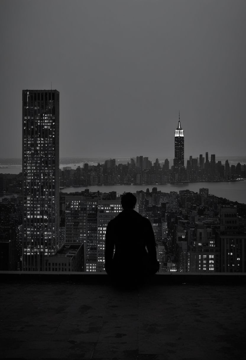 (best quality, masterpiece, colorful, dynamic angle, highest detailed)  
 Superman sitting on the roof looking at the city New York, feel the daggers in the dark, depression, alone, monochrome, pop of colors, extremely detailed, paranoid, mood, you make me feel fucking sad