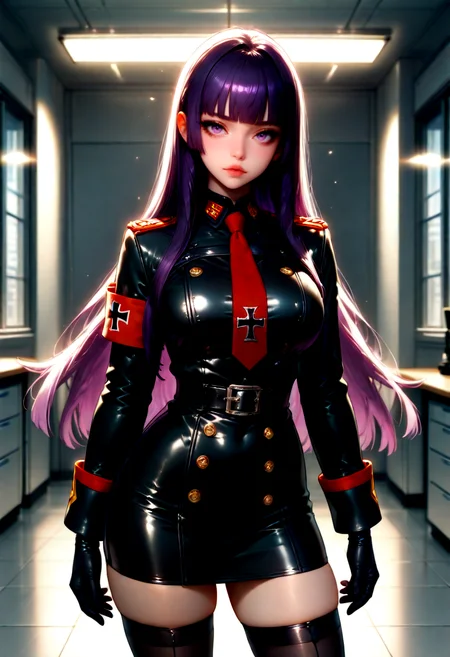 IllusP0s, 1girl, kmsMajor, purple hair, hime cut, upper body, standing, dynamic pose, detailed hands, facing viewer, office background, inside, window light, volumetric lighting <lora:mmnj-v2:1>