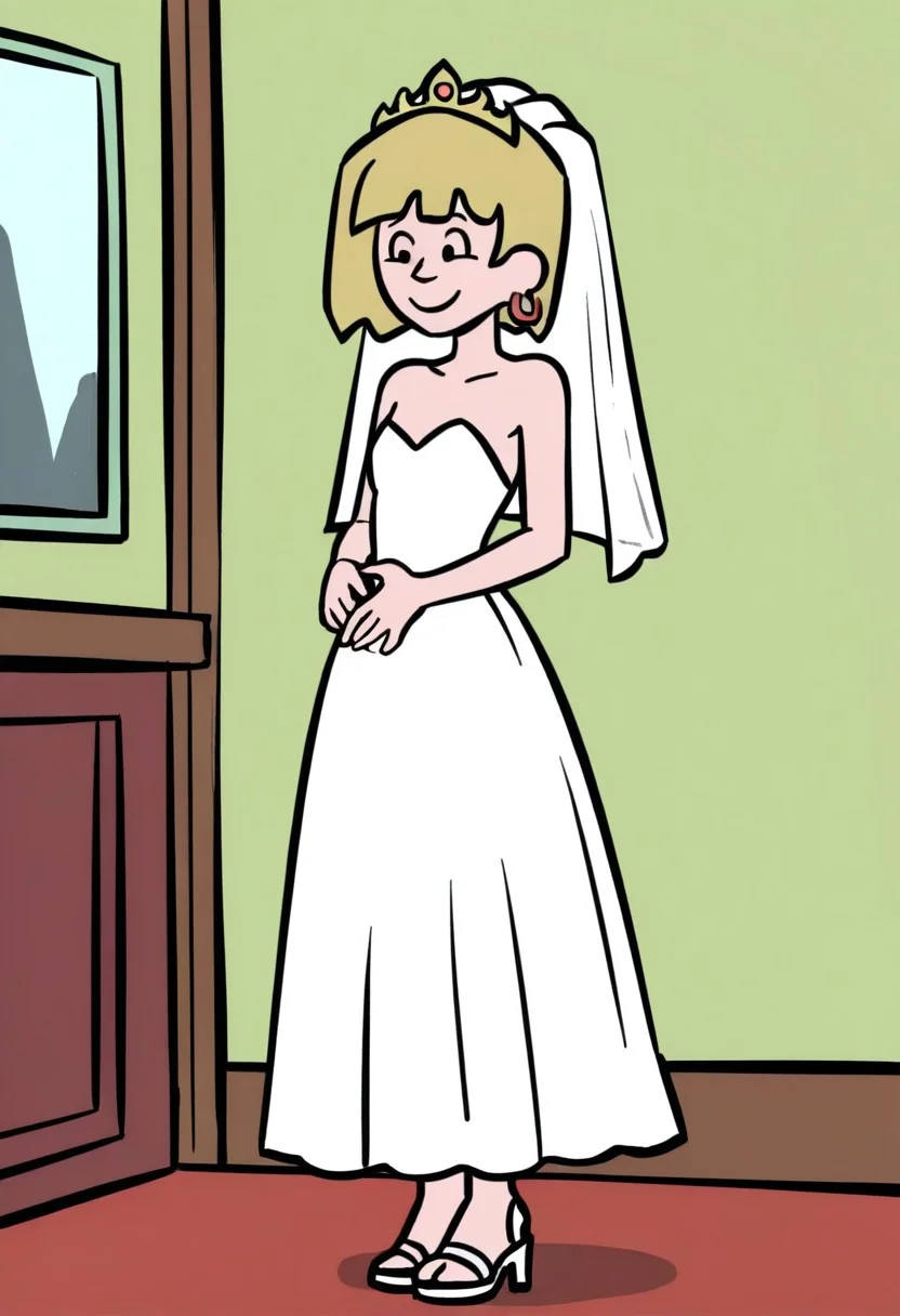 score_9, score_8_up, score_7_up, score_6_up, score_5_up, 1girl, solo,
masterpiece, best quality, absurdes,
(source_cartoon),
<lora:Nora's Mom (Storybooth) (Illust):0.8>
Nora_Mom_Storybooth, blonde hair, short hair, Dot eyes, 1girl, solo, smile, perfect Small flat chest natural breasts, standing, Full body, barefoot,
Wedding dress, Wedding veil, Golden tiara, white high heels sandals,
indoors,
<lora:Detailer_NoobAI_Incrs_v1:0.4> detailed,