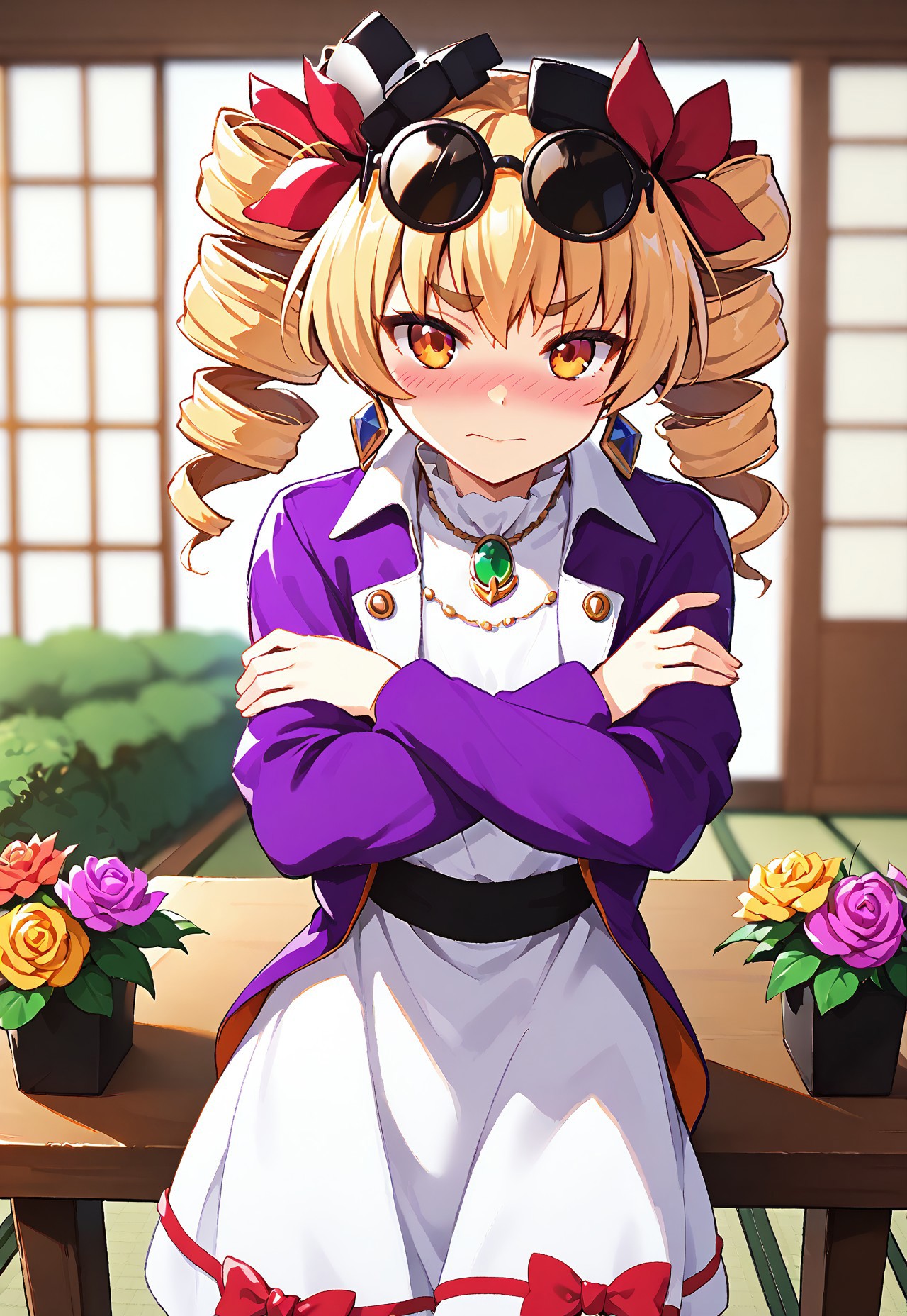 1girl, solo, yorigami jo'on, (drill hair:1.2), (eyewear on head:1.3), (jewelry:1.3), (white dress:1.4), (purple jacket:1.5), (facing camera:0.8), (slightly open mouth:0.1), natural pose, (light entering from left:1.5), (Japanese-style temple:1.5), (sliding doors:1.4), (vibrant flower garden:1.2), (blurred temples in background:0.8), (character's left shoulder closer:1.3), (thick paint style:1.4), (facing down shyly:1.1), (blushing:0.7), (jewelry:1.3), (white dress:1.4), (purple jacket:1.1), (facing camera:1.5), (shy smile:0.2), (nervous smile:0.7), (head tilted clockwise:1.3), (shoulders slightly hunched:1.2), (sliding doors:1.4), (vibrant flower garden:1.2), (blurred temples in background:0.8), (arms resting on table:1.5), (hands resting firmly on table:1.2), (arms on table:1.6), (no hand movement:1.3), (crossed arms on table:1.6), (thick paint style:1.4), (head slightly tilted:1.3), (furrowed brows:1.7), (mouth slightly open with smile:0.4), (embarrassed:1.5)(looking at the camera:1.6), (playful yet uncomfortable expression:1.2), (slight shoulder shrug:1.3), body leaning slightly forward, soft sunlight shining in from the left, temple room with sliding doors half-open,  colorful flowers outside, other distant Japanese buildings blurred, (morning light:0.8), (bright:0.6), warm lighting, anime style highly detailed shadows, warm atmosphere, anime art style, sunlight on face, soft glow. <lora:char-joon:1>